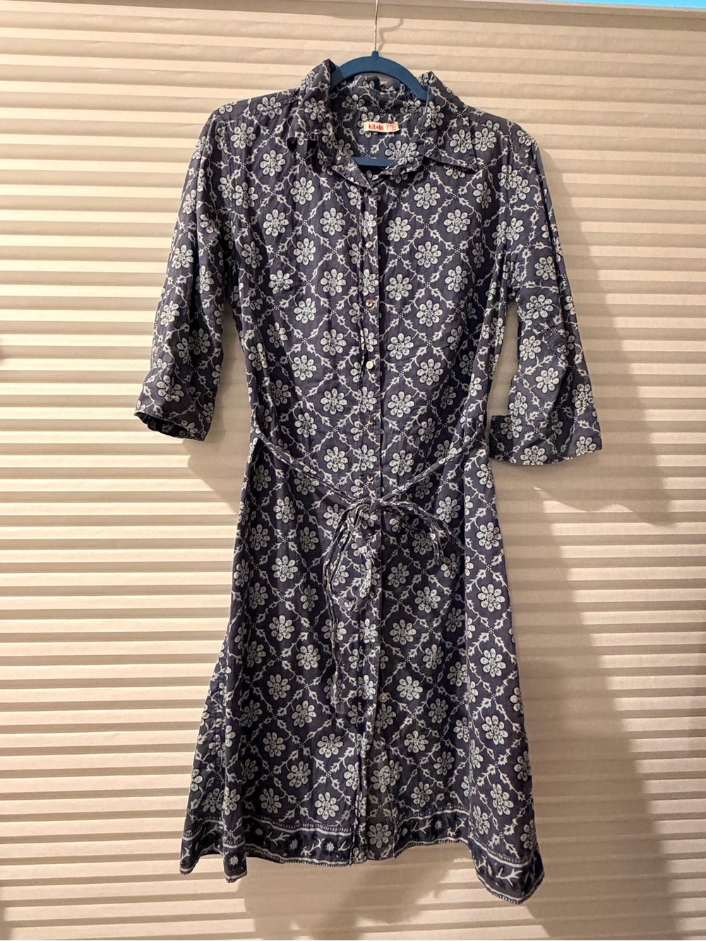 Navy Blue Floral Midi Shirt Dress with Tie Waist